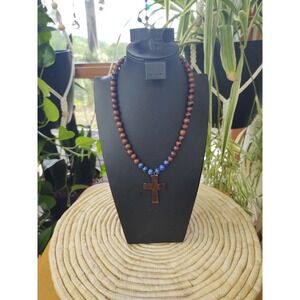Red Mahogany Obsidian Lapis  Wood Cross Single Strand Male or Female Necklace